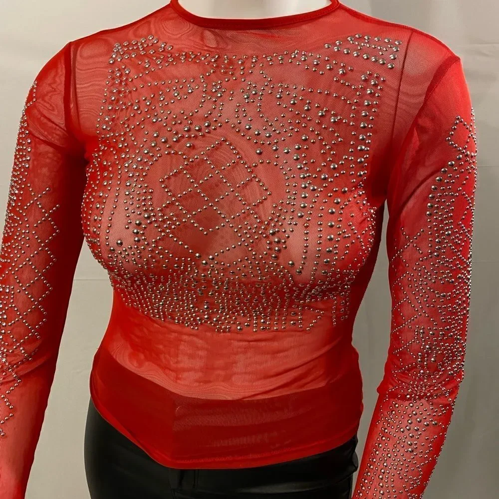 Women's Sheer Studded Red Blouse